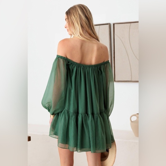 NWT-Organza Long Off Shoulder Wide Sleeve Mini Dress - Picture 7 of 7